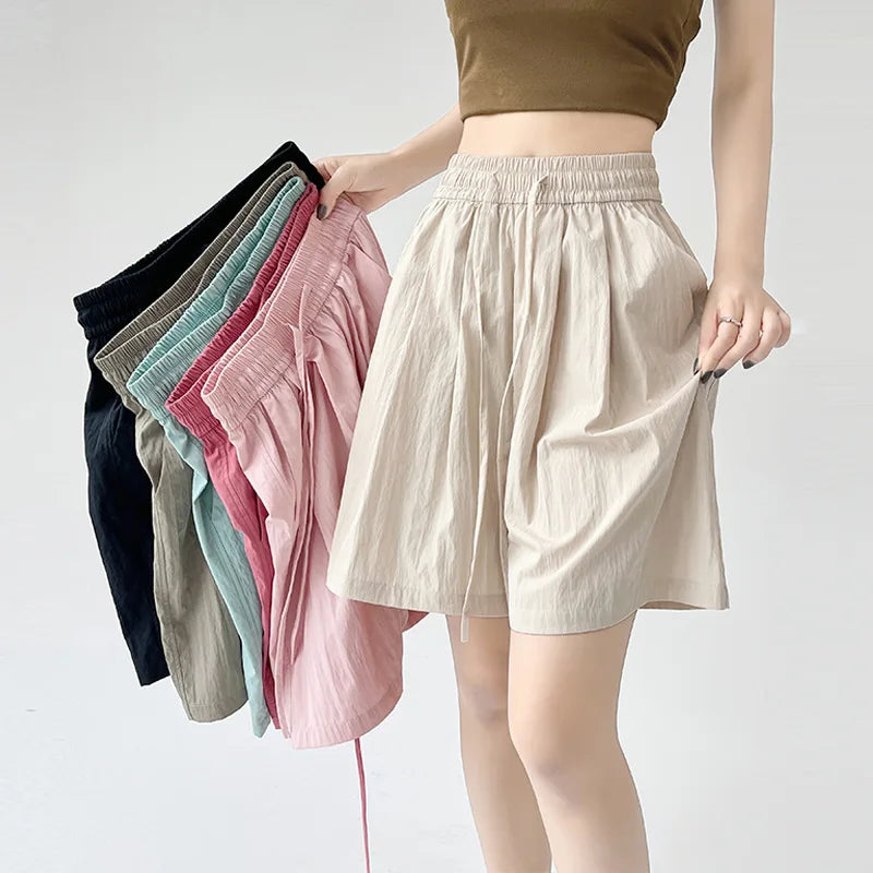 Summer Women Shorts Casual Solid Two Pockets Elastic Waist Shorts high Waist Loose Shorts For Girls Soft Female Beach Shorts