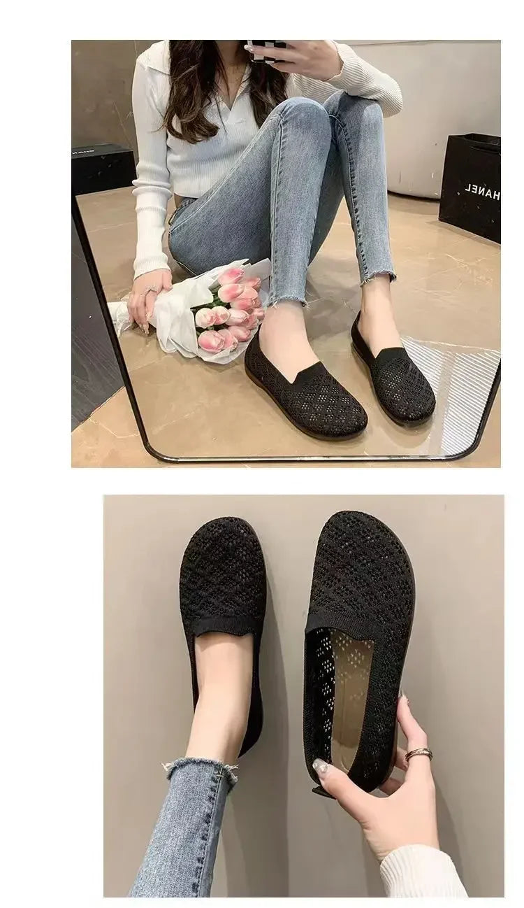 Summer Mesh Fabrics Breathable Flats Women Shoes Ventilate Lace Leisure Loafers Mom Shoes Comfort Casual Light Sneakers