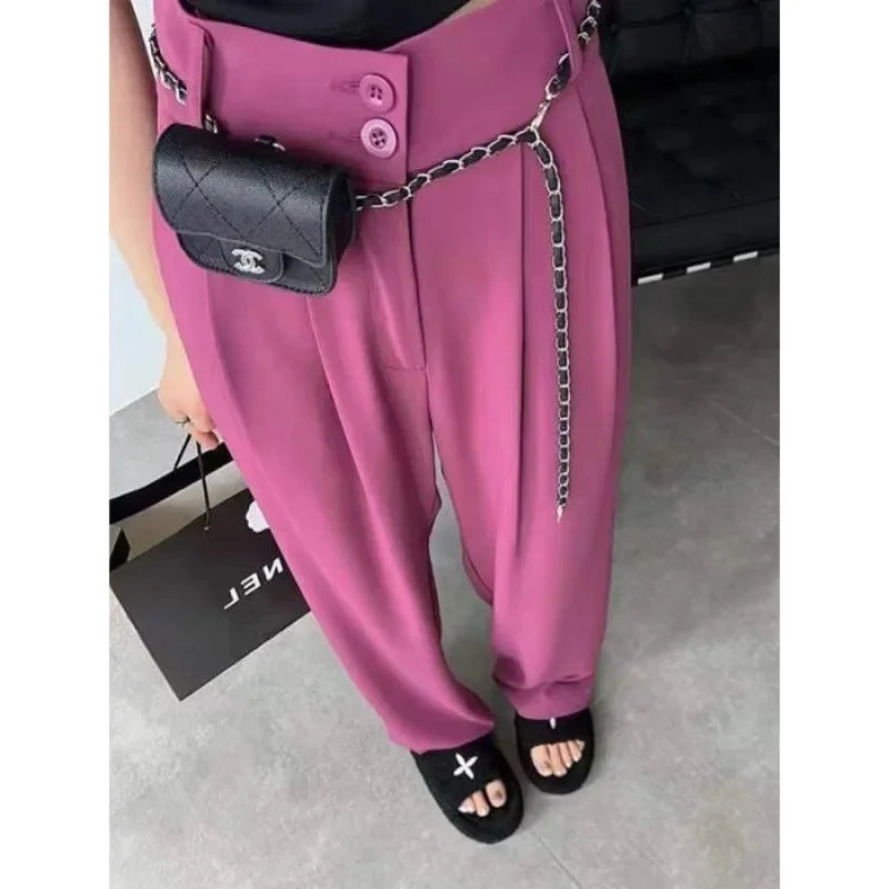 Summer Thin Pink Straight-Leg Ice Silk Bell Bottoms High-Waisted Slim Fit Women&