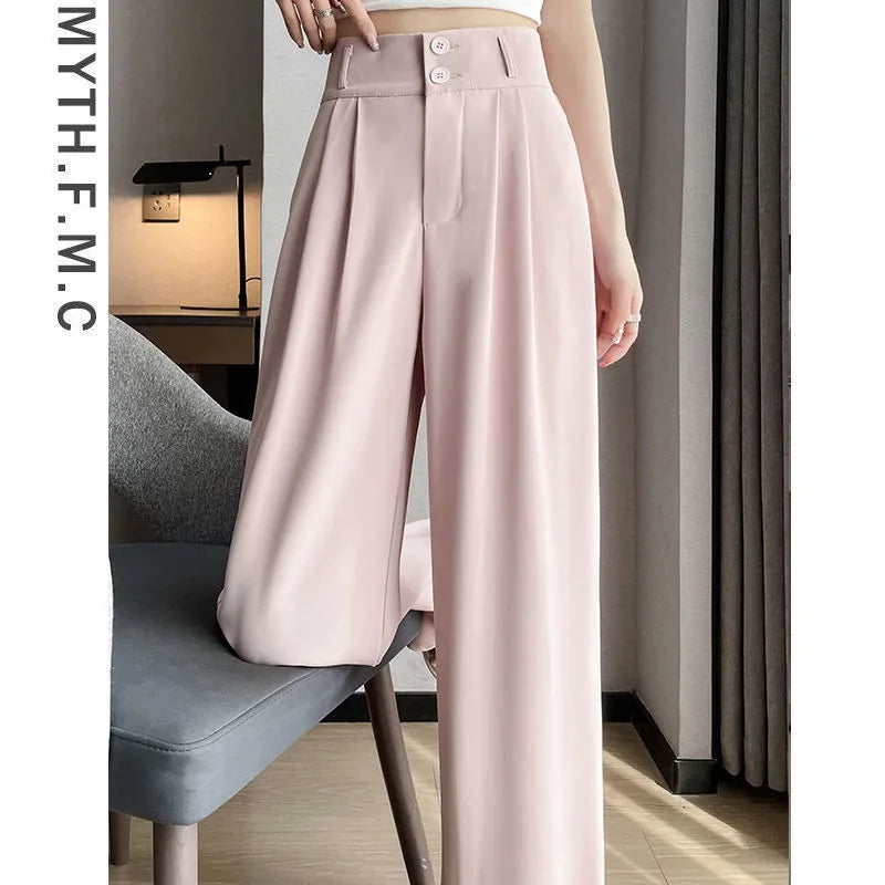 Summer Thin Pink Straight-Leg Ice Silk Bell Bottoms High-Waisted Slim Fit Women&