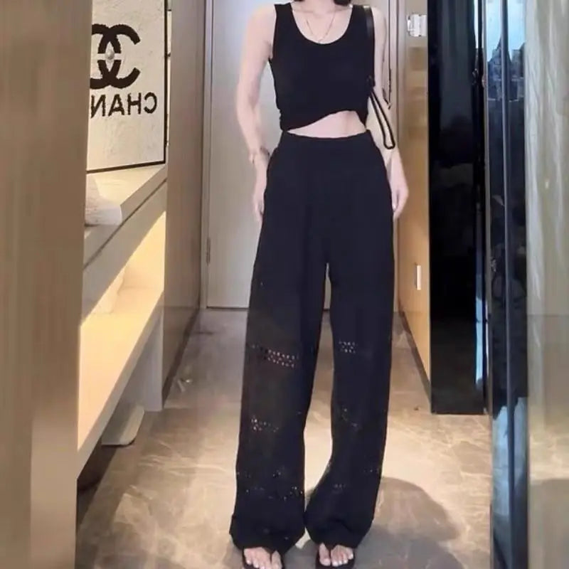 Summer Thin High-waisted Lace Hollow Floor-length Wide-leg Pants for Women, Loose Casual Straight-leg Pants