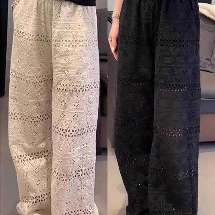 Summer Thin High-waisted Lace Hollow Floor-length Wide-leg Pants for Women, Loose Casual Straight-leg Pants