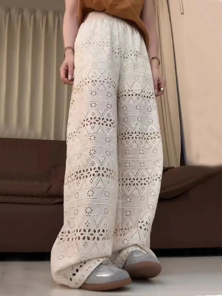Summer Thin High-waisted Lace Hollow Floor-length Wide-leg Pants for Women, Loose Casual Straight-leg Pants
