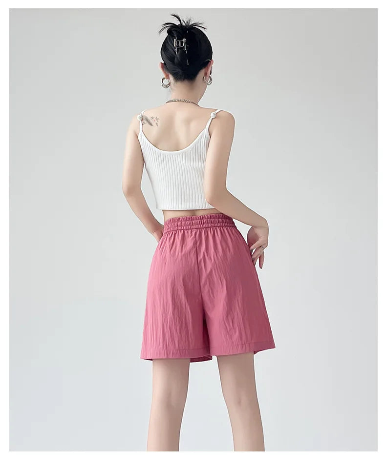 Summer Women Shorts Casual Solid Two Pockets Elastic Waist Shorts high Waist Loose Shorts For Girls Soft Female Beach Shorts