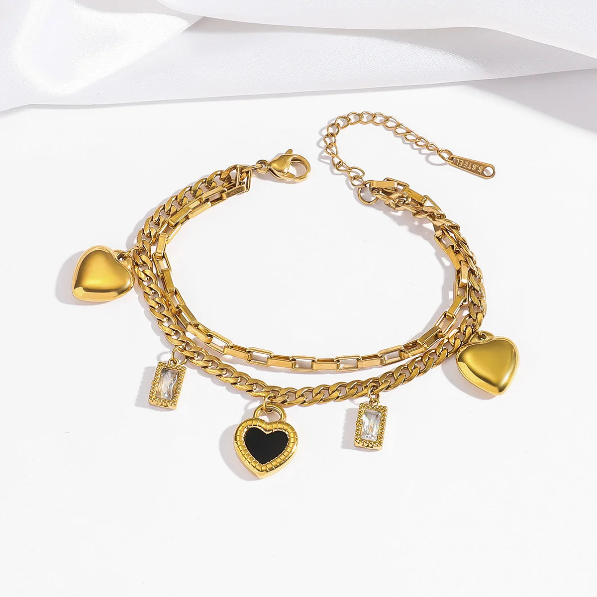 316L Stainless Steel New Fashion Fine Jewelry Black White Double-sided Seashell Zircon Heart Charm Chain Bracelets For Women