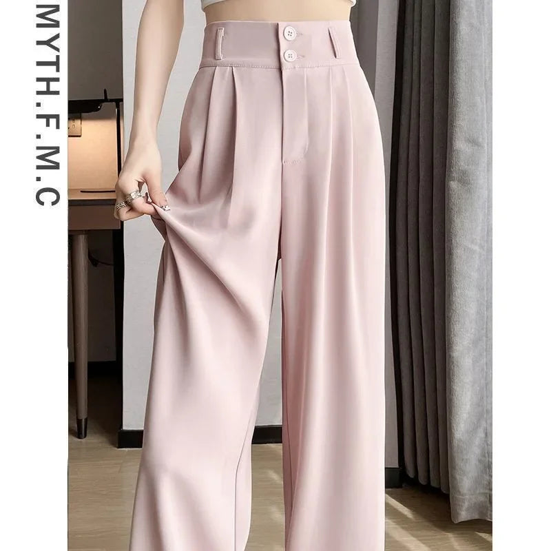 Summer Thin Pink Straight-Leg Ice Silk Bell Bottoms High-Waisted Slim Fit Women&