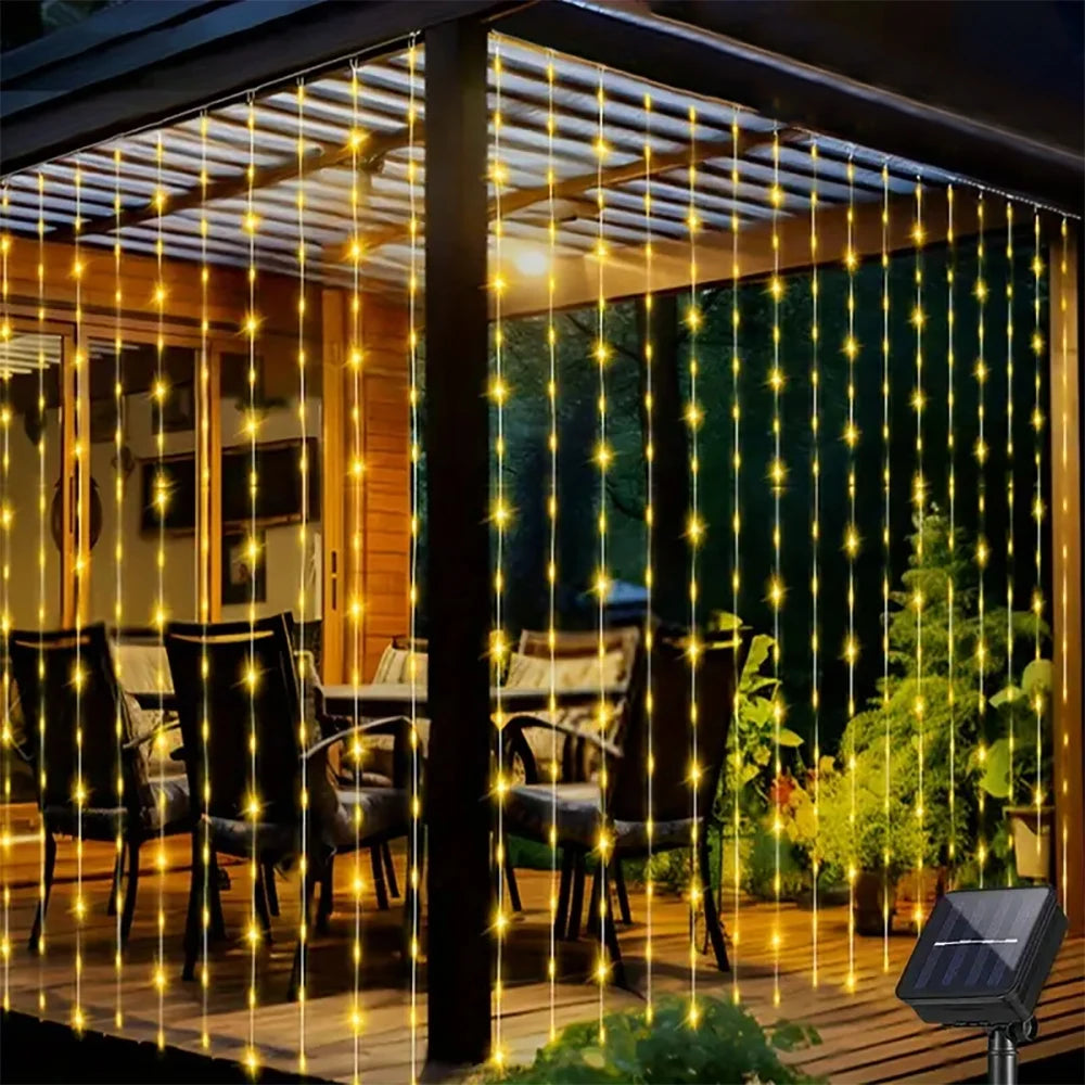 Outdoor Solar Curtain Light 3x3M 300Leds Holiday Decorations Garland 8 Modes Halloween Christmas Party Decor String Lights
