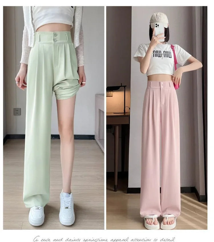 Summer Thin Pink Straight-Leg Ice Silk Bell Bottoms High-Waisted Slim Fit Women&