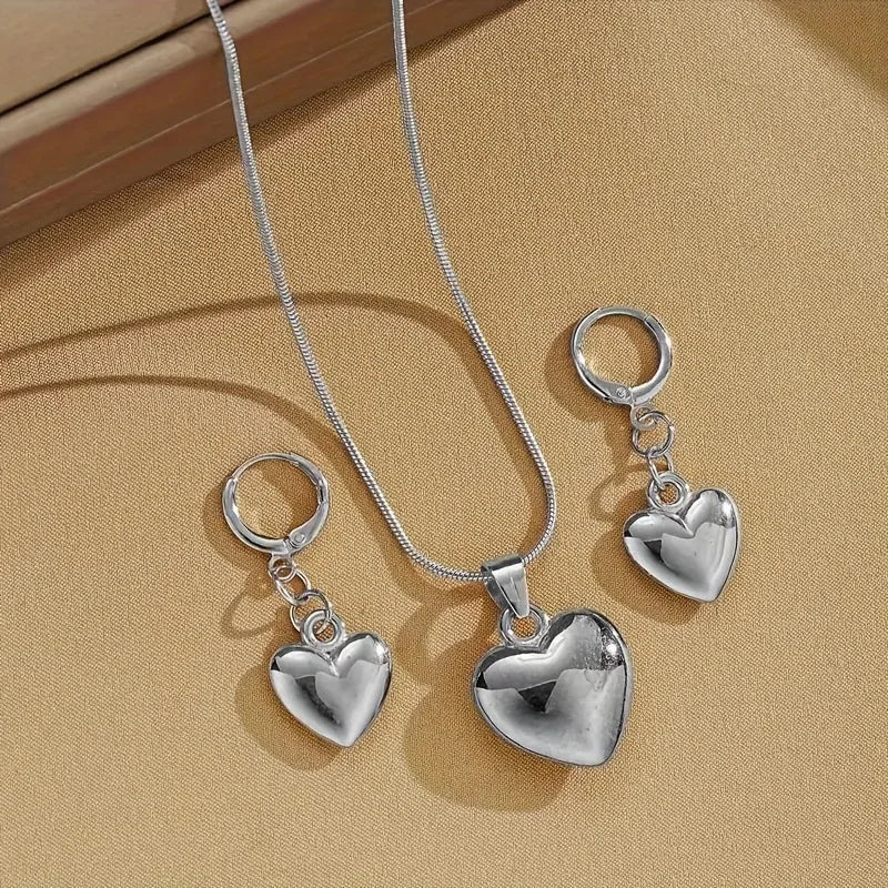 Vintage Simple Heart Shaped Pendant Necklace Earring Set Elegant Charm Smooth Metal Hoop Earrings Women&