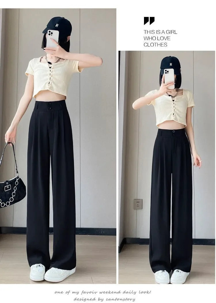Summer Thin Pink Straight-Leg Ice Silk Bell Bottoms High-Waisted Slim Fit Women&