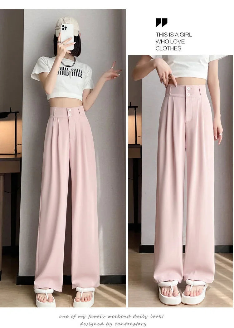 Summer Thin Pink Straight-Leg Ice Silk Bell Bottoms High-Waisted Slim Fit Women&