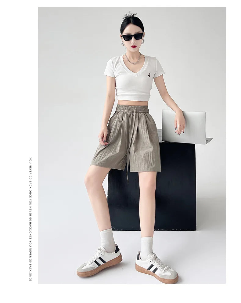 Summer Women Shorts Casual Solid Two Pockets Elastic Waist Shorts high Waist Loose Shorts For Girls Soft Female Beach Shorts