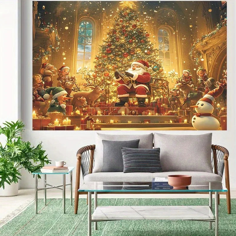 Christmas themed background, including Santa Claus, deer, holiday tree, and candles