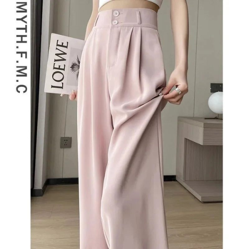 Summer Thin Pink Straight-Leg Ice Silk Bell Bottoms High-Waisted Slim Fit Women&