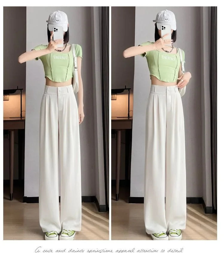 Summer Thin Pink Straight-Leg Ice Silk Bell Bottoms High-Waisted Slim Fit Women&