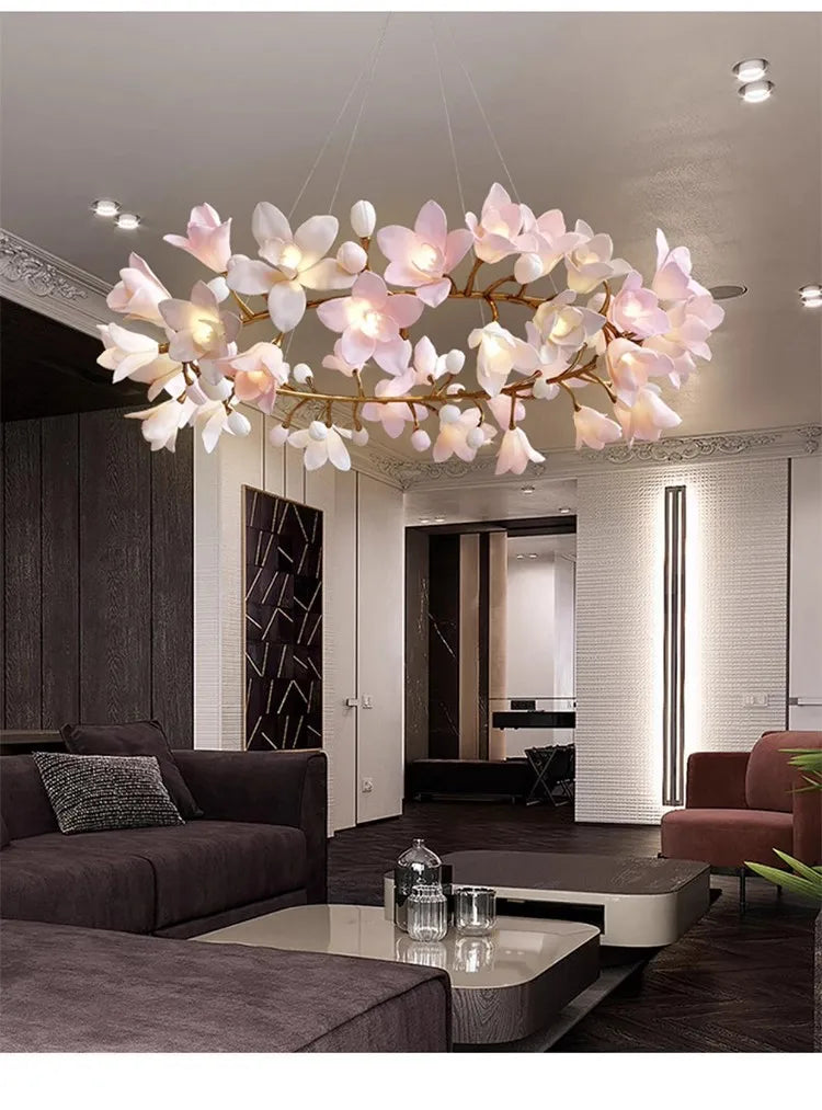 French Pink Flower Pendant Chandelier For Living Room Kitchen Island Copper Iron Branches Round Flower Pendant Light Fixture