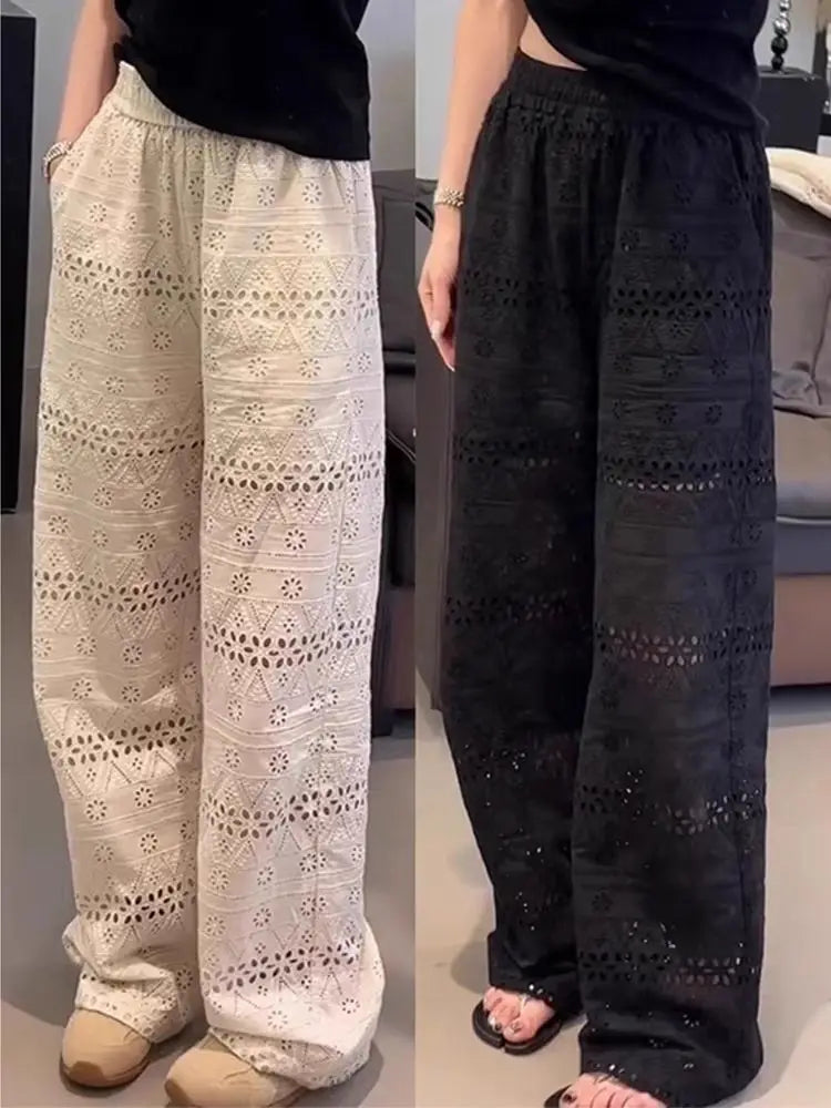 Summer Thin High-waisted Lace Hollow Floor-length Wide-leg Pants for Women, Loose Casual Straight-leg Pants
