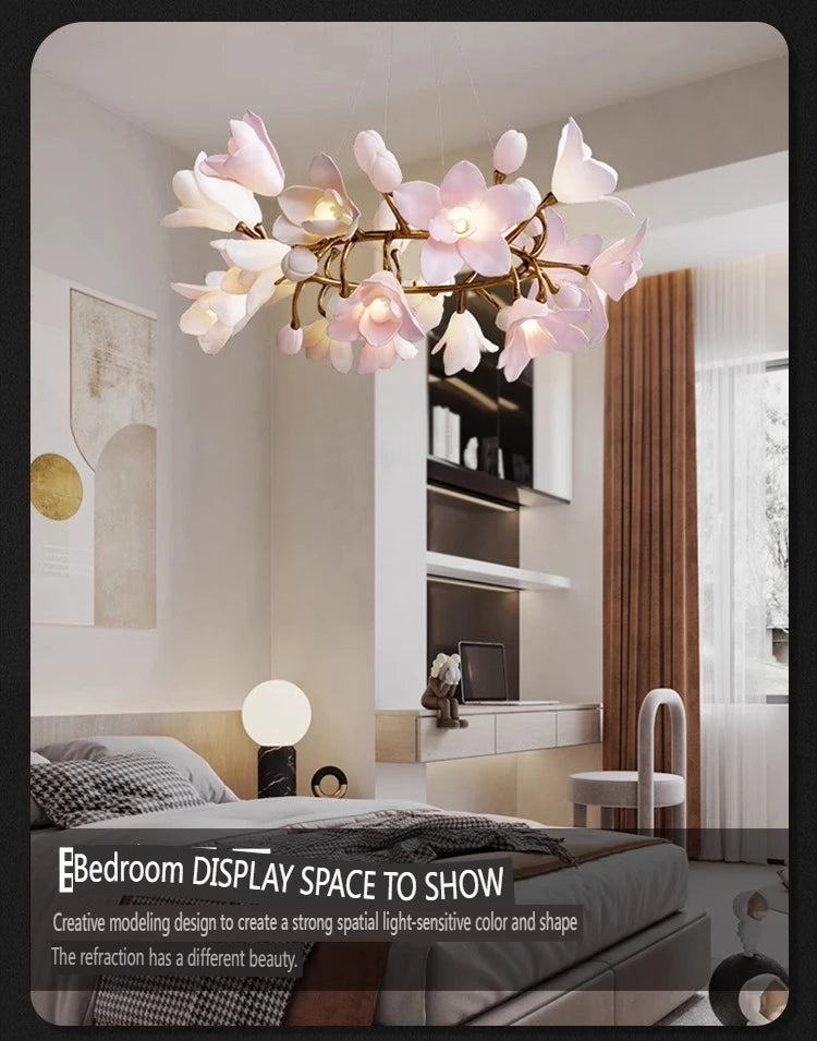 French Pink Flower Pendant Chandelier For Living Room Kitchen Island Copper Iron Branches Round Flower Pendant Light Fixture