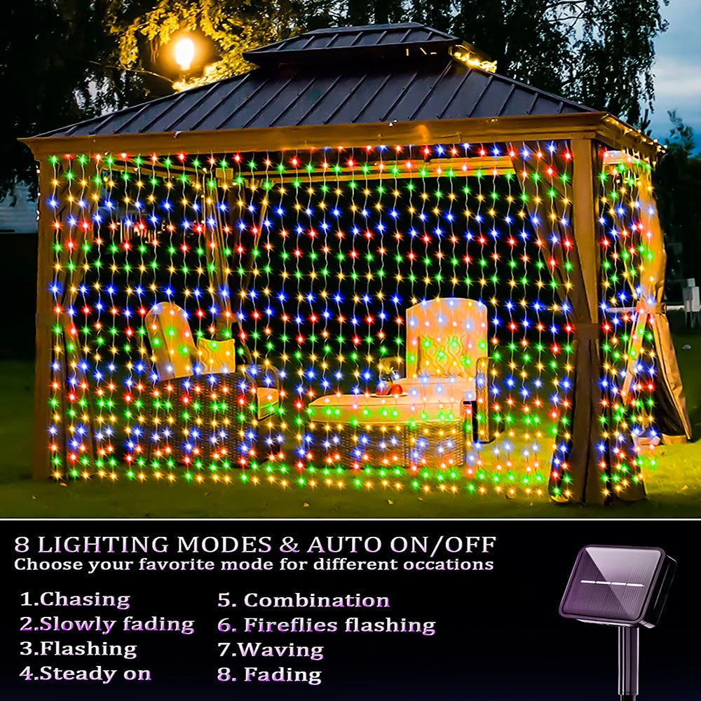 Outdoor Solar Curtain Light 3x3M 300Leds Holiday Decorations Garland 8 Modes Halloween Christmas Party Decor String Lights