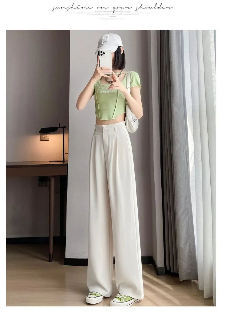 Summer Thin Pink Straight-Leg Ice Silk Bell Bottoms High-Waisted Slim Fit Women&