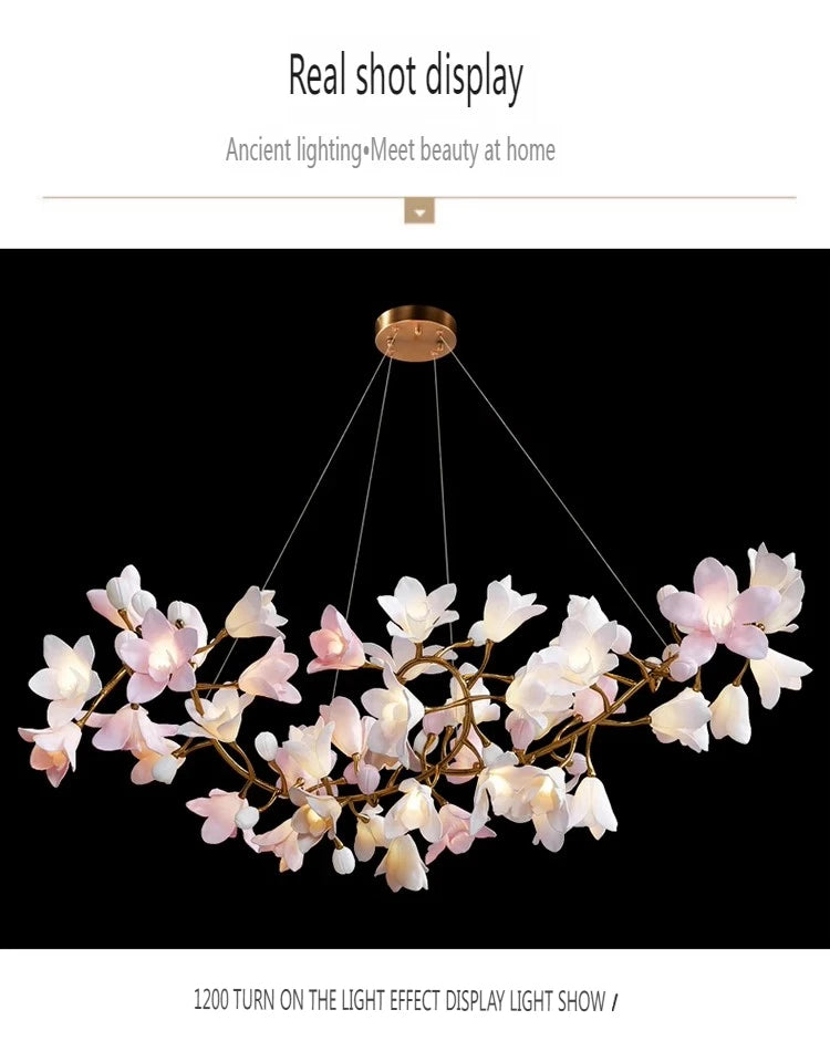 French Pink Flower Pendant Chandelier For Living Room Kitchen Island Copper Iron Branches Round Flower Pendant Light Fixture