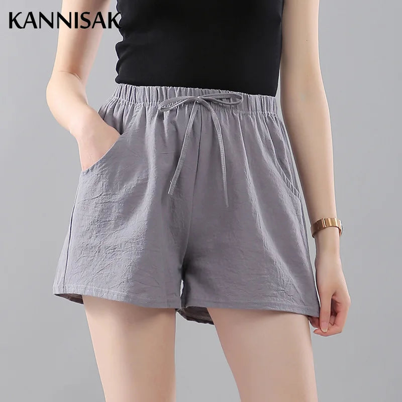 Women Shorts Summer 2025 Korean Wide Leg Casual Solid Drawstring Elastic Waist Shorts Girls Cotton Women&