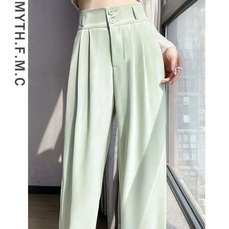 Summer Thin Pink Straight-Leg Ice Silk Bell Bottoms High-Waisted Slim Fit Women&