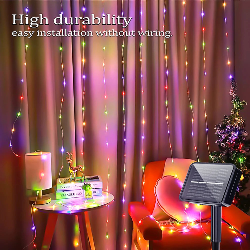 Outdoor Solar Curtain Light 3x3M 300Leds Holiday Decorations Garland 8 Modes Halloween Christmas Party Decor String Lights