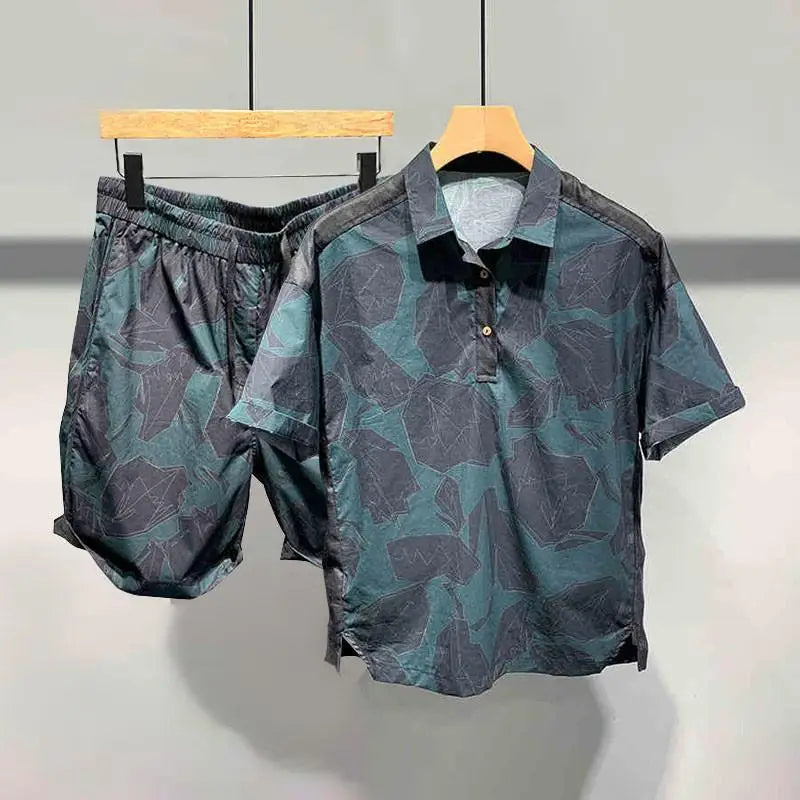 Summer Large Size 300 Catties Lapel Short-sleeved Polo Shirt and Shorts Two-piece Set Men&