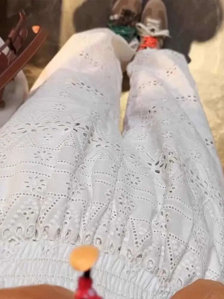 Summer Thin High-waisted Lace Hollow Floor-length Wide-leg Pants for Women, Loose Casual Straight-leg Pants