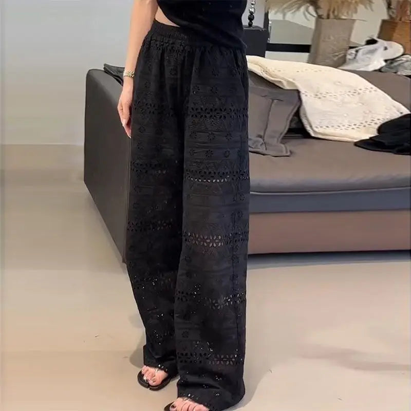 Summer Thin High-waisted Lace Hollow Floor-length Wide-leg Pants for Women, Loose Casual Straight-leg Pants