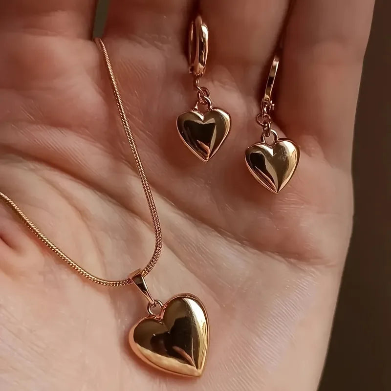 Vintage Simple Heart Shaped Pendant Necklace Earring Set Elegant Charm Smooth Metal Hoop Earrings Women&
