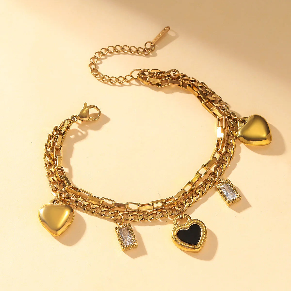 316L Stainless Steel New Fashion Fine Jewelry Black White Double-sided Seashell Zircon Heart Charm Chain Bracelets For Women