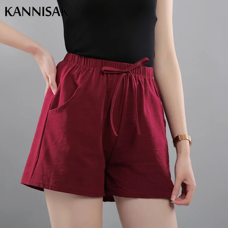 Women Shorts Summer 2025 Korean Wide Leg Casual Solid Drawstring Elastic Waist Shorts Girls Cotton Women&