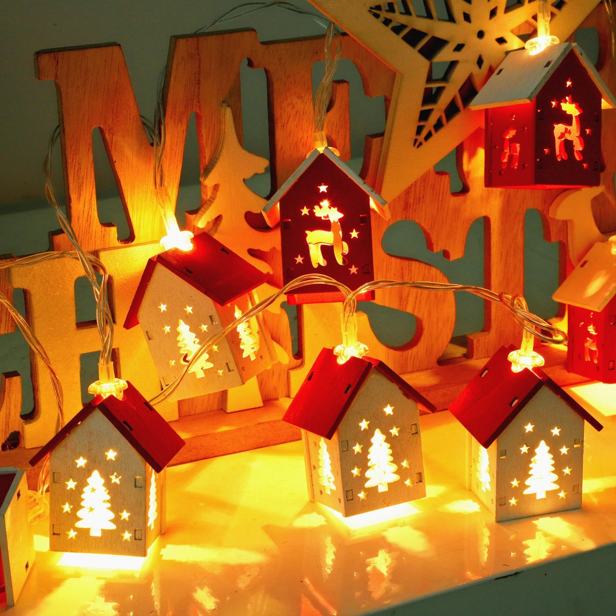 Christmas Wooden House LED String Light Xmas Tree Garland Home Fairy Lamp Merry Christmas Hanging Ornament 2025New Year Gift Noe