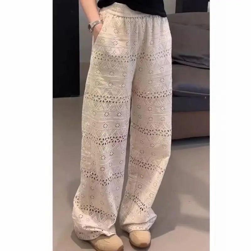 Summer Thin High-waisted Lace Hollow Floor-length Wide-leg Pants for Women, Loose Casual Straight-leg Pants
