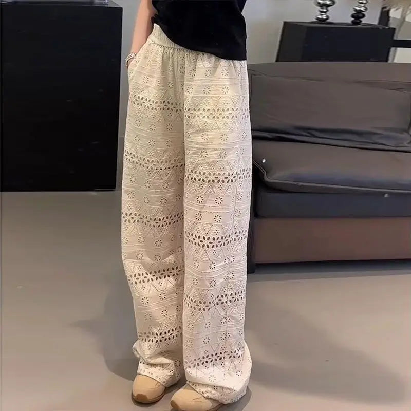 Summer Thin High-waisted Lace Hollow Floor-length Wide-leg Pants for Women, Loose Casual Straight-leg Pants