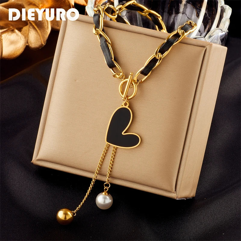DIEYURO 316L Stainless Steel Black Heart Pearl Ball Pendant Necklace For Women Fashion Girls OT Clasp Leather Chain Jewelry Gift