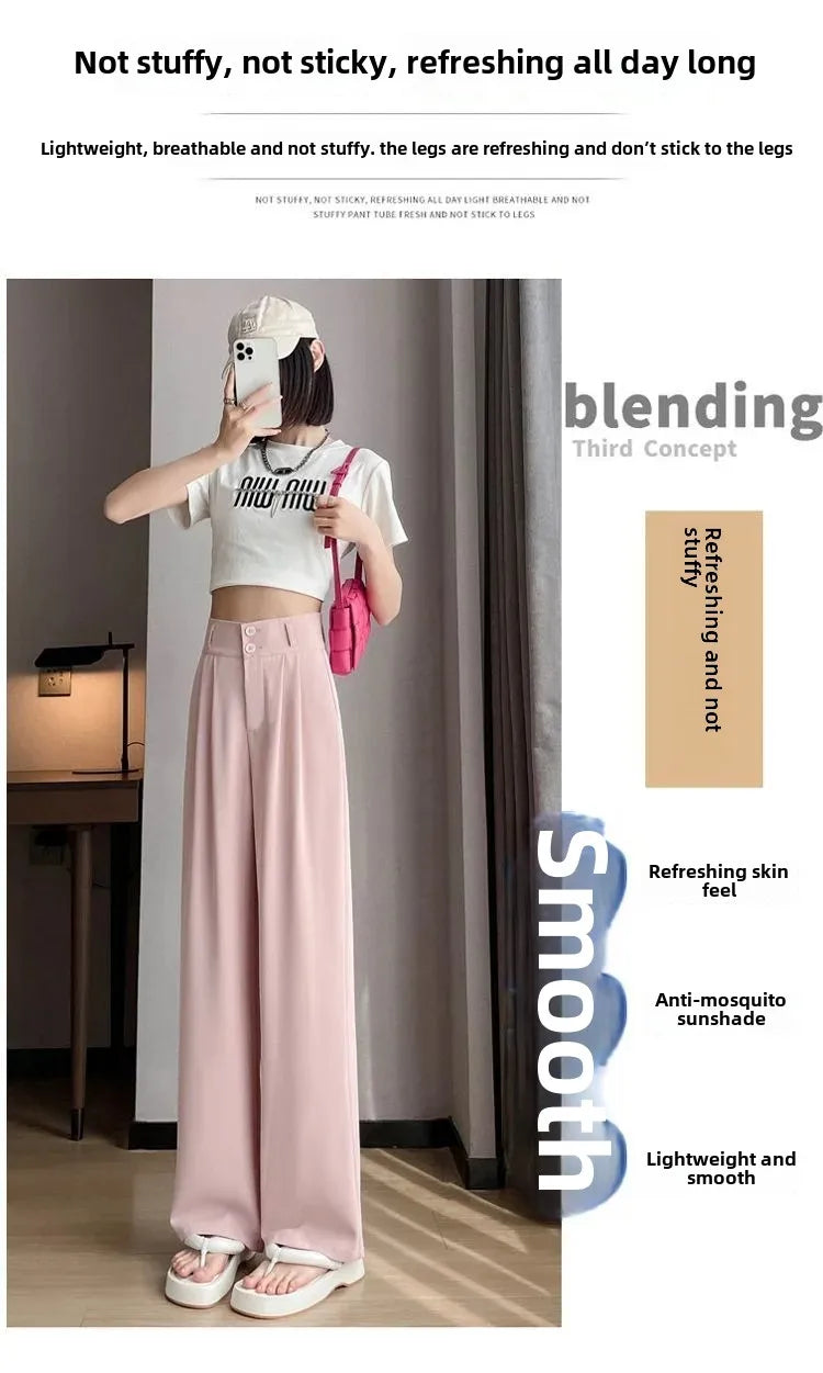 Summer Thin Pink Straight-Leg Ice Silk Bell Bottoms High-Waisted Slim Fit Women&