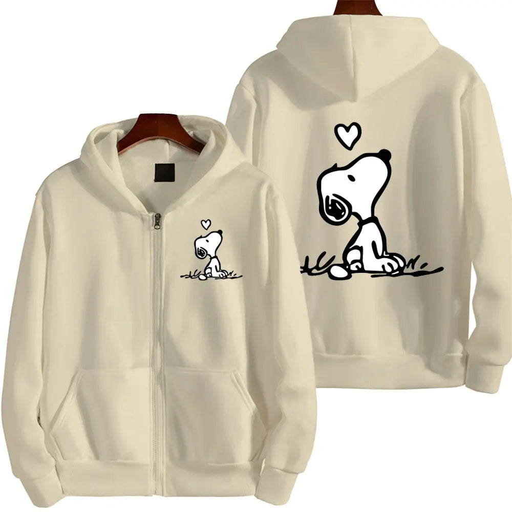 Snoopy Women Zip Up Hoodie Cartoon Anime Spring Autumn Men Oversized Sweatshirt 2024 New Fashion Khaki Couple Jackets Coats