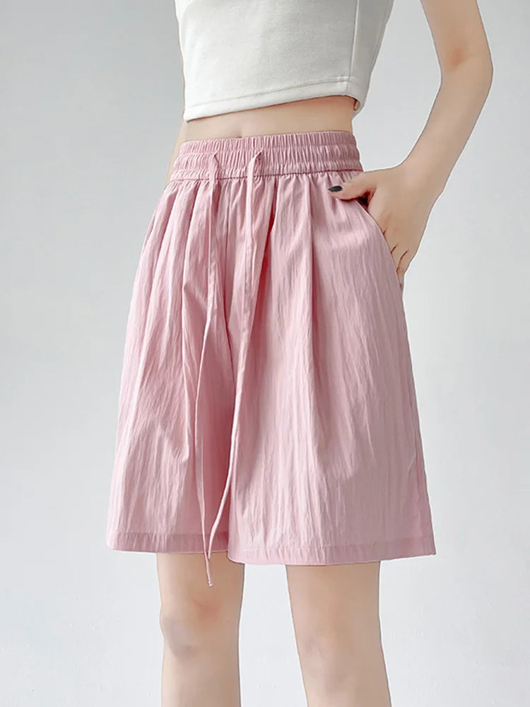 Summer Women Shorts Casual Solid Two Pockets Elastic Waist Shorts high Waist Loose Shorts For Girls Soft Female Beach Shorts