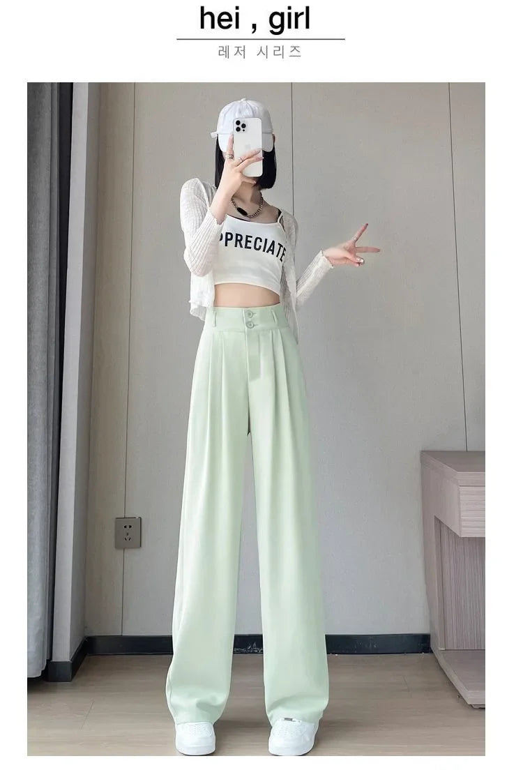 Summer Thin Pink Straight-Leg Ice Silk Bell Bottoms High-Waisted Slim Fit Women&