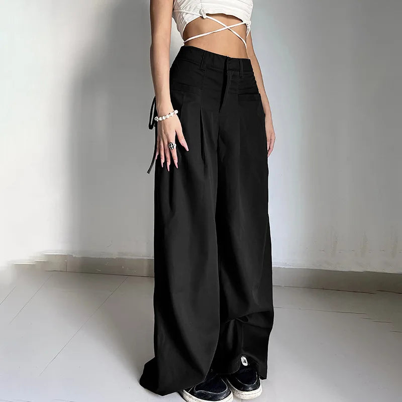 Shirring Casual Wide Leg Pants Women High Waist Street Basic Loose Sweat Trousers Korean Retro Gray Office Y2K Lady Pants