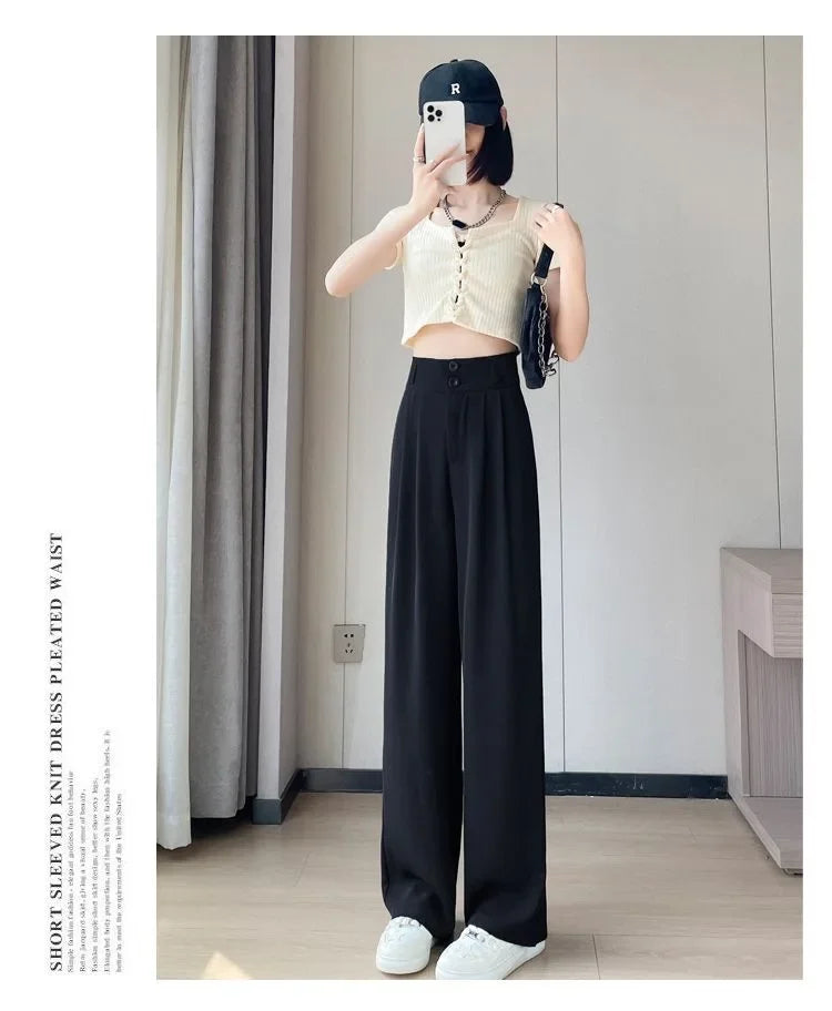 Summer Thin Pink Straight-Leg Ice Silk Bell Bottoms High-Waisted Slim Fit Women&