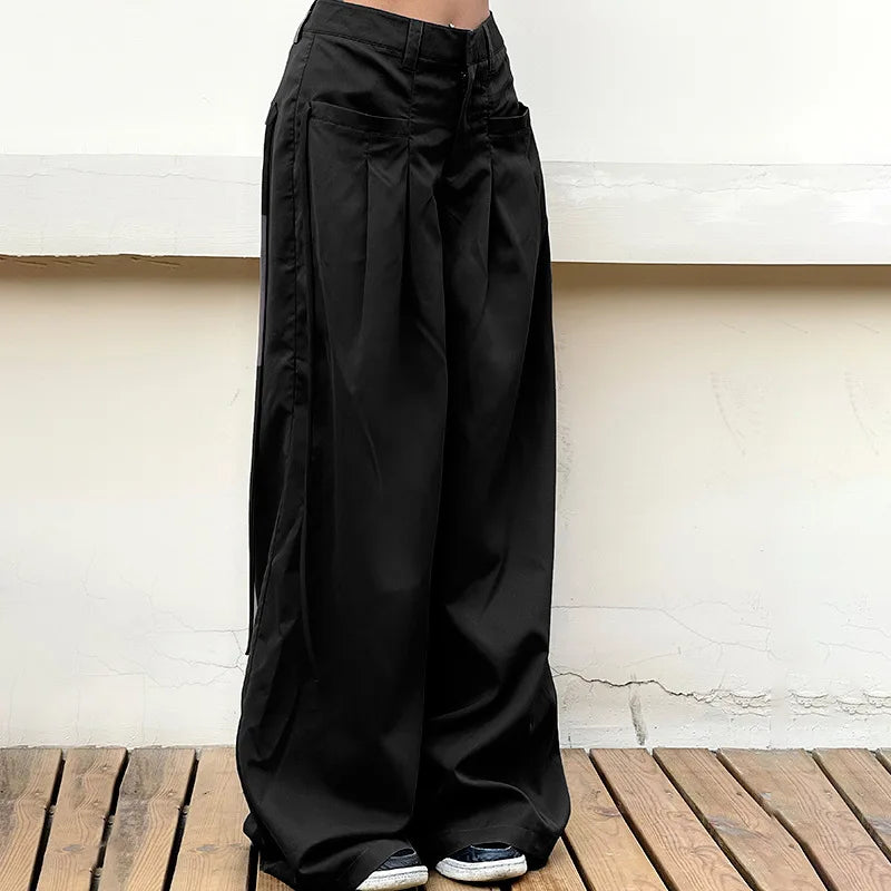 Shirring Casual Wide Leg Pants Women High Waist Street Basic Loose Sweat Trousers Korean Retro Gray Office Y2K Lady Pants