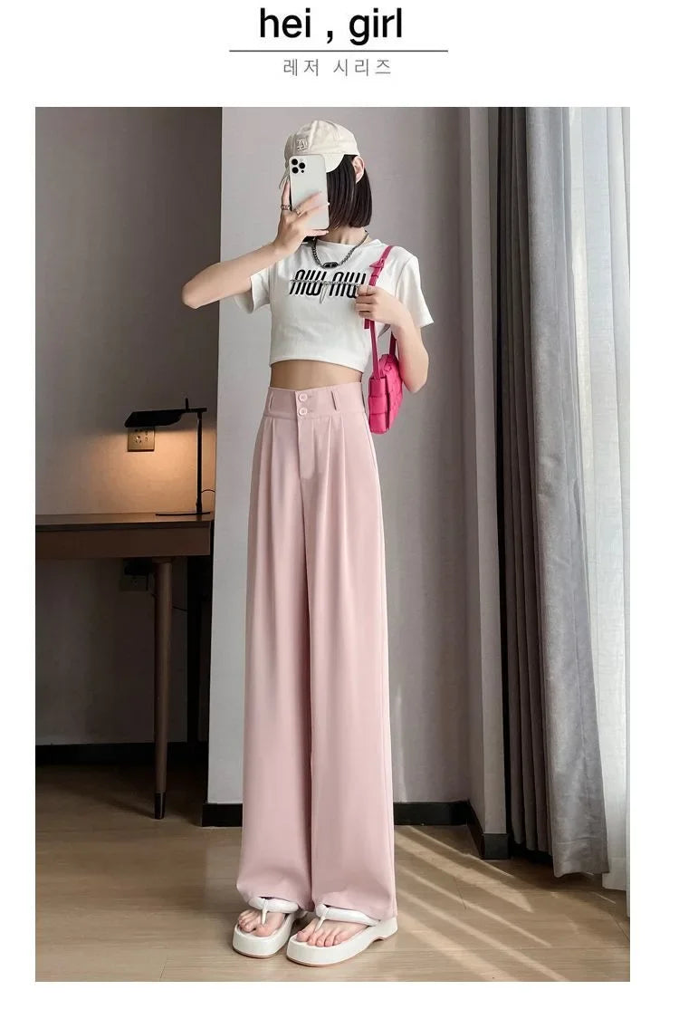 Summer Thin Pink Straight-Leg Ice Silk Bell Bottoms High-Waisted Slim Fit Women&