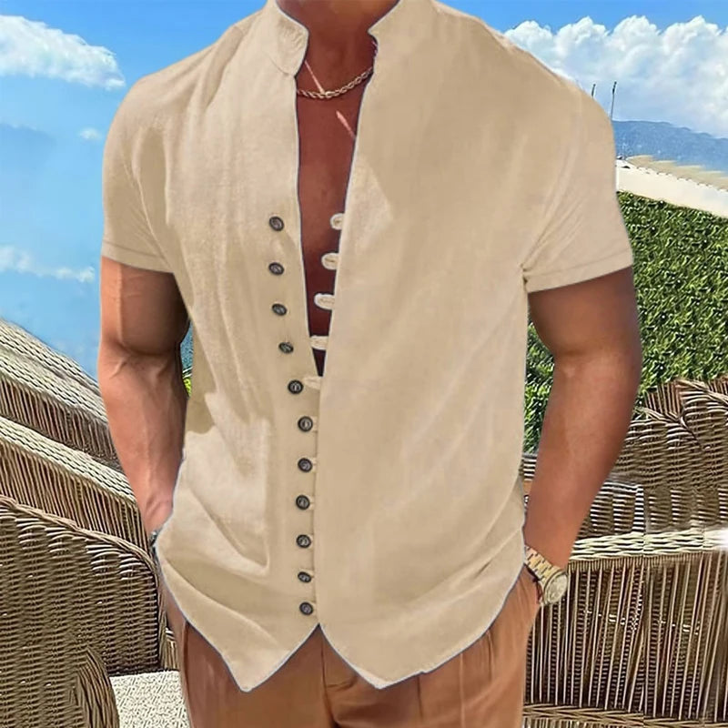 Summer Short Sleeve Shirts For Men White Formal Shirt Social Dress Shirts Casual Cotton Linen Tops Beach Blouses Man Clothing