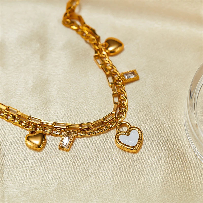 316L Stainless Steel New Fashion Fine Jewelry Black White Double-sided Seashell Zircon Heart Charm Chain Bracelets For Women