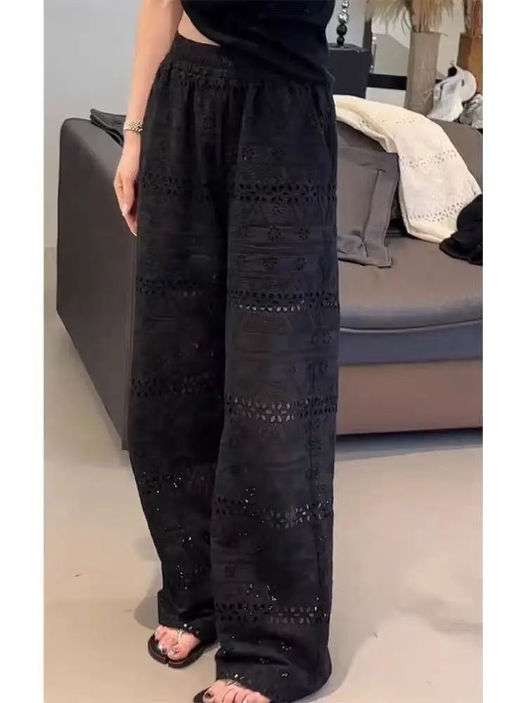 Summer Thin High-waisted Lace Hollow Floor-length Wide-leg Pants for Women, Loose Casual Straight-leg Pants