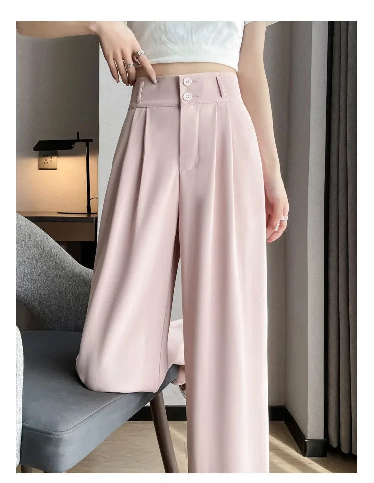 Summer Thin Pink Straight-Leg Ice Silk Bell Bottoms High-Waisted Slim Fit Women&